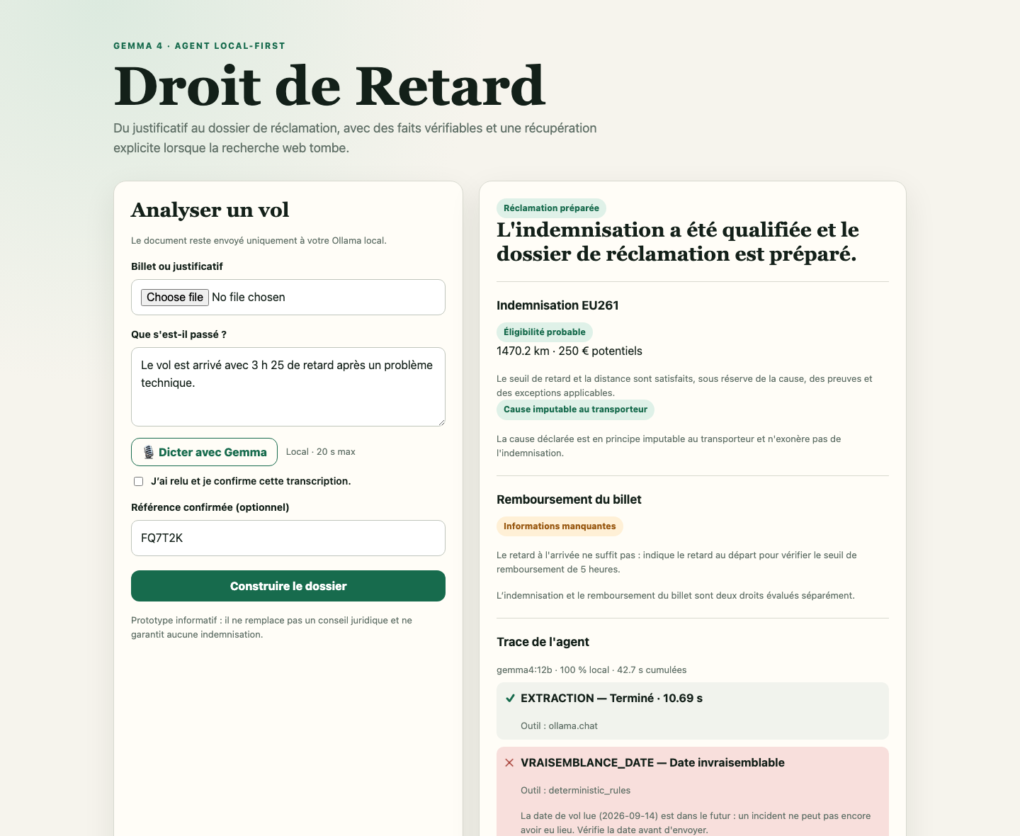 Droit de Retard prototype screenshot: flight input and analysis result.
